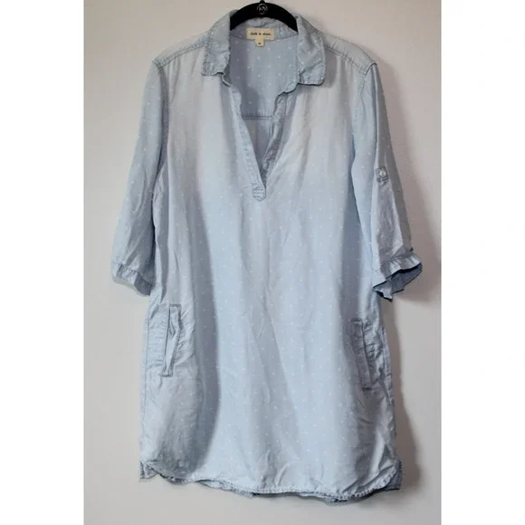 Cloth & Stone Dot Denim Chambray Tunic Top Faded Mini Shirt Dress Size Medium - Picture 2 of 16